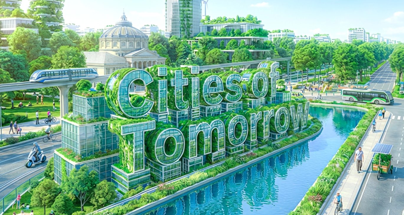 Cities of Tomorrow concept with green buildings, monorail, and waterway. Sustainable urban design.