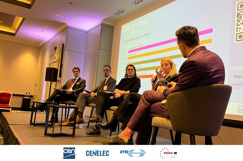 Cybersecurity standardization conference panel discussion. Logos: CEN, CENELEC, ETSI, ENISA.