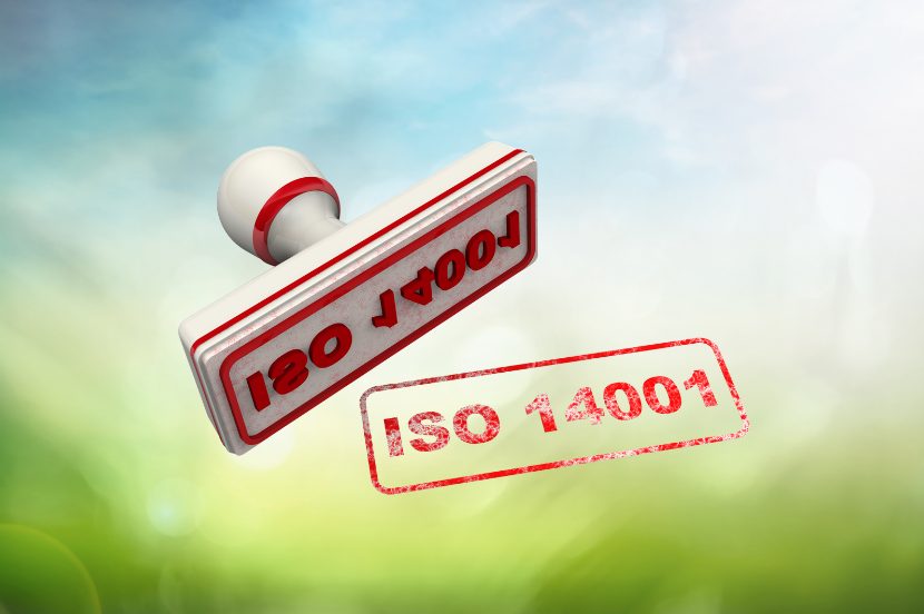 ISO 14001 stamp. Environmental management system certification.