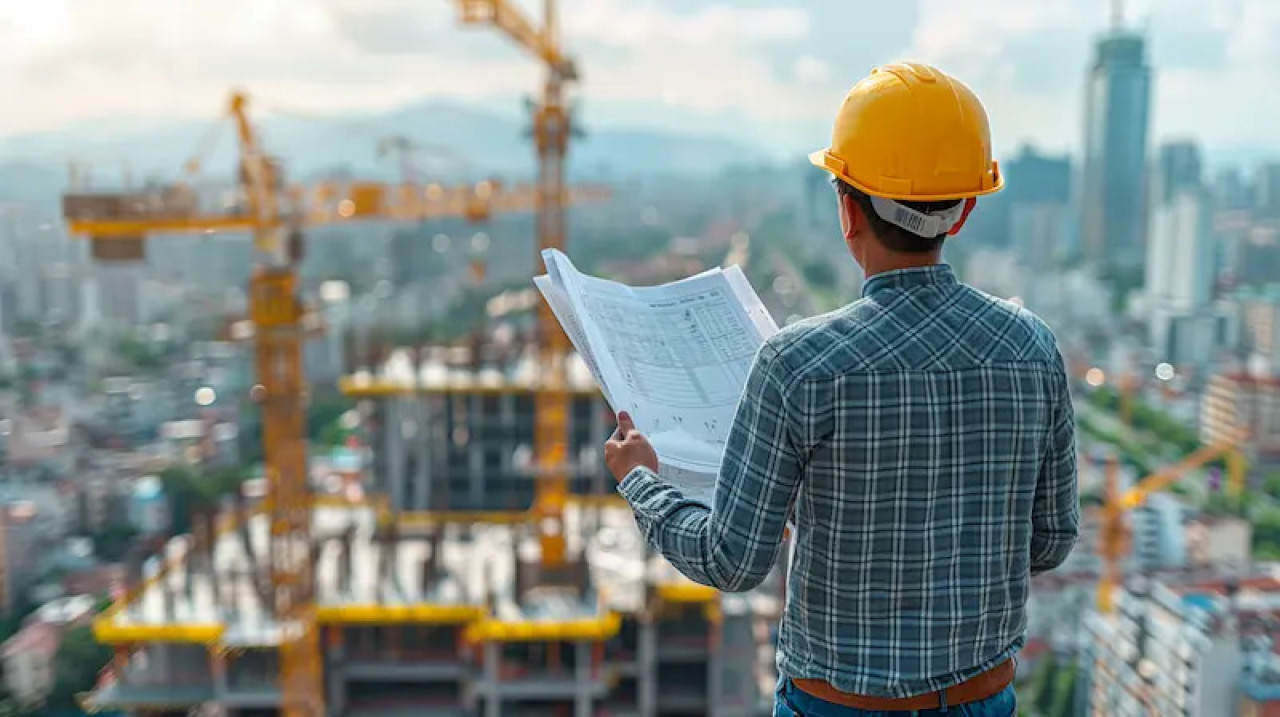 Inginer pe șantier consultând planuri, deasupra unui oraș în construcție