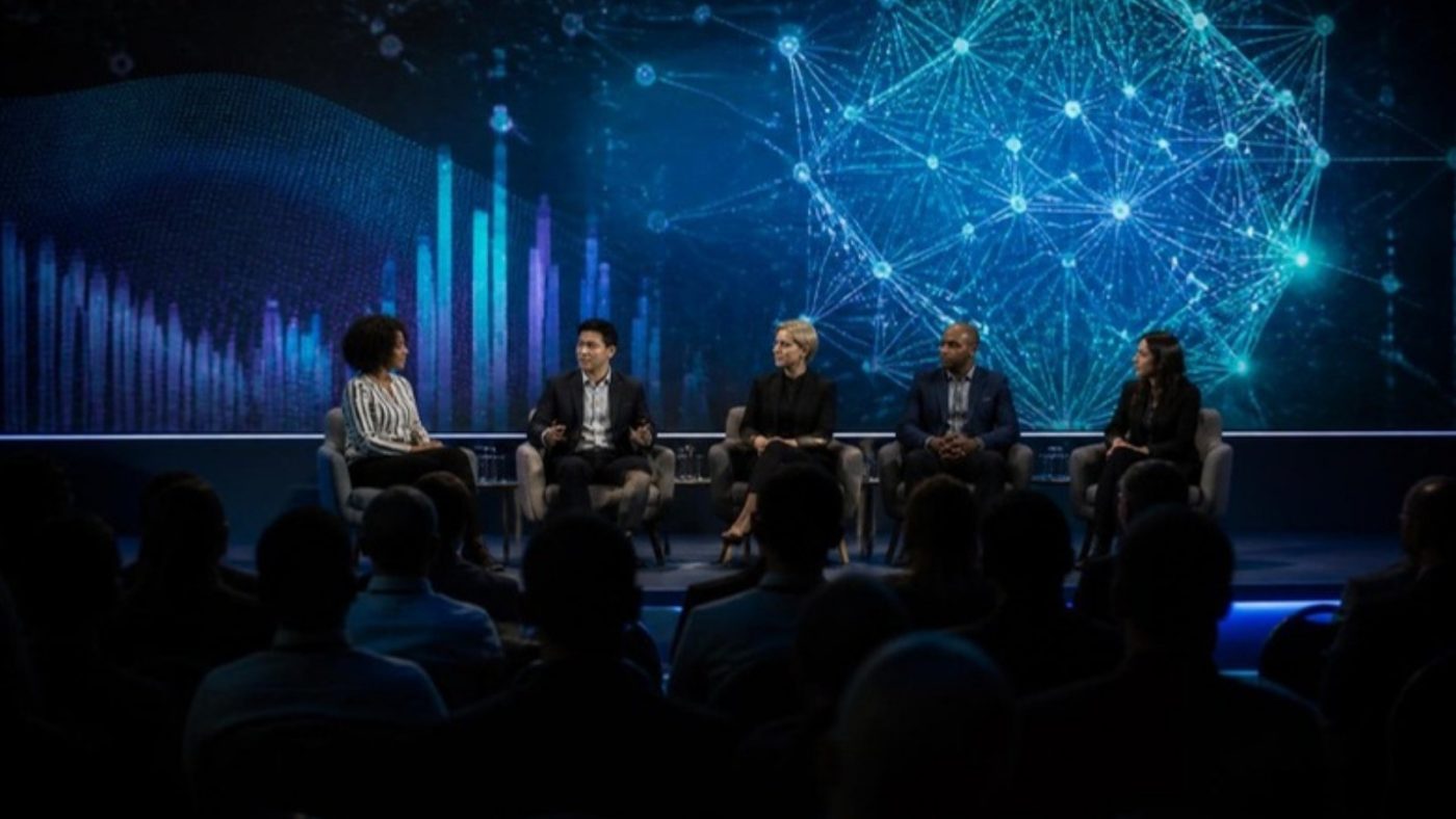 Panel de experți pe scena unei conferințe despre inteligență artificială și date