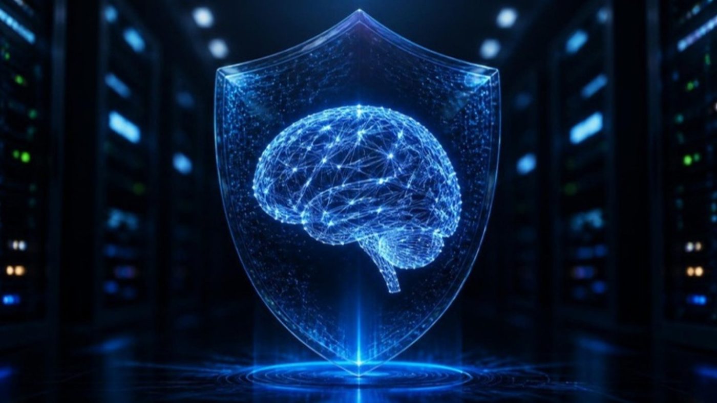 Rețea neuronală protejată de un scut digital, ilustrând securitatea sistemelor de inteligență artificială
