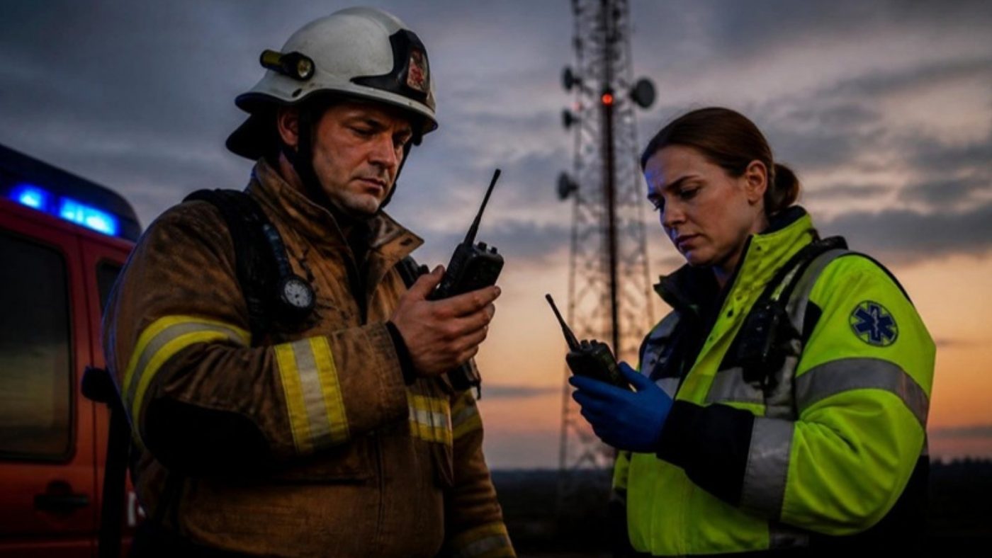 Echipaje de intervenție care folosesc o stație radio portabilă lângă o autospecială