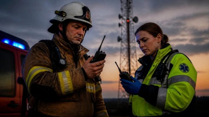 Echipaje de intervenție care folosesc o stație radio portabilă lângă o autospecială