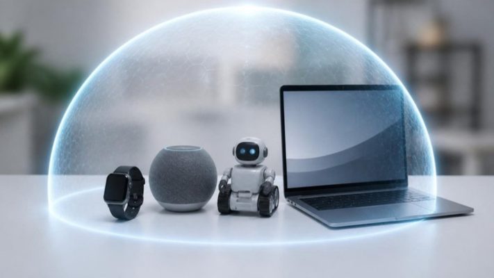 Dispozitive conectate protejate de un scut luminos, ilustrând securitatea produselor cu elemente digitale