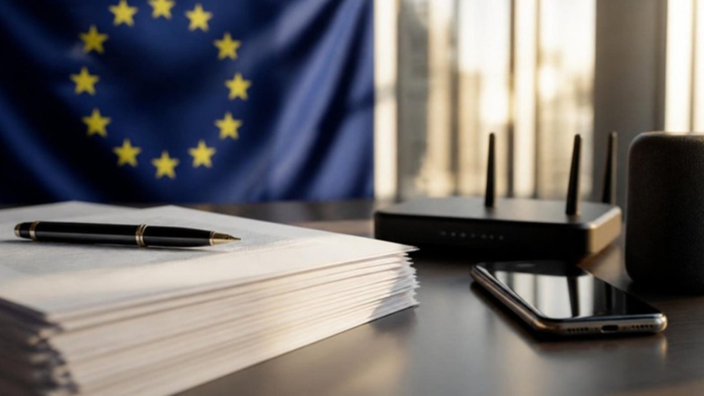 Document legislativ și produse electronice pe un birou, pe fundalul drapelului Uniunii Europene