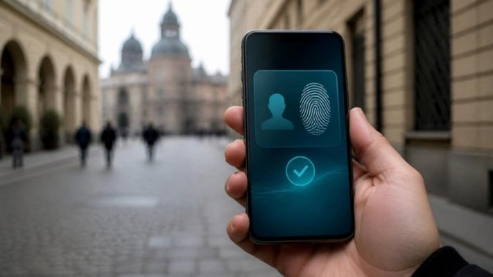 Smartphone care afișează un card de identitate digitală, ținut în mână pe o stradă din oraș